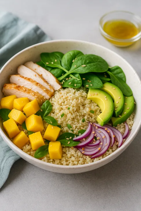Salade de fonio mangue et poulet grill&eacute; &mdash; repas complet et &eacute;quilibr&eacute; sans gluten