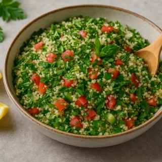 Bol de taboulé de fonio garni de persil, menthe, tomates et concombre, avec quartiers de citron et cuillère en bois sur fond en pierre clair