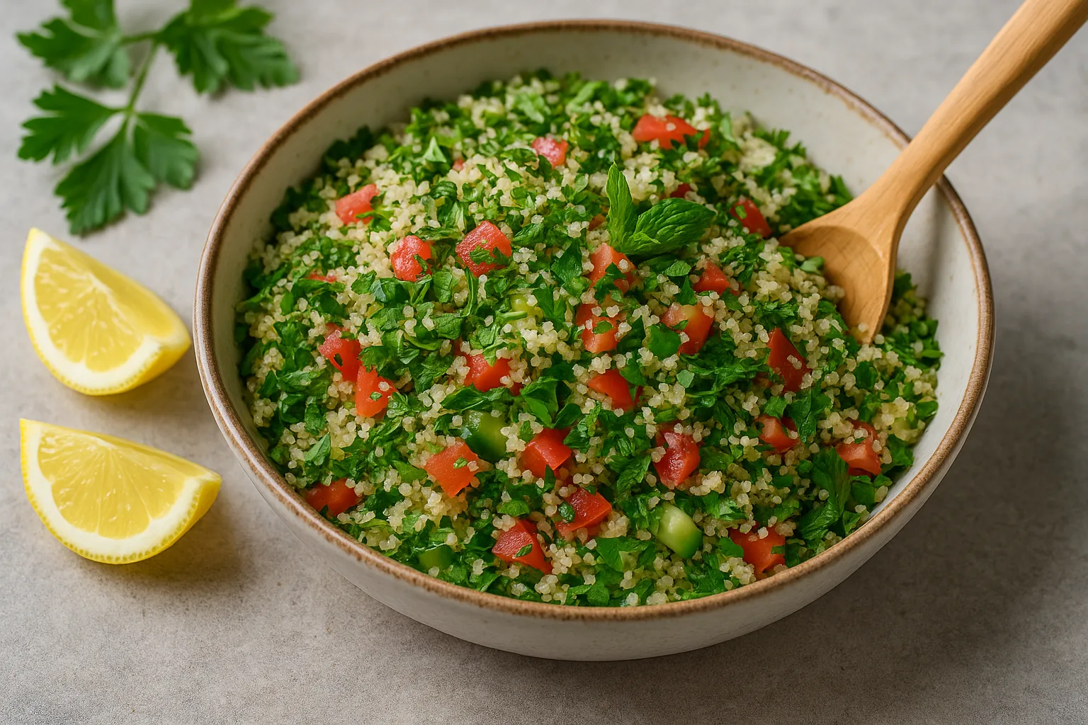 Taboul&eacute; de fonio avec persil, tomates et concombre