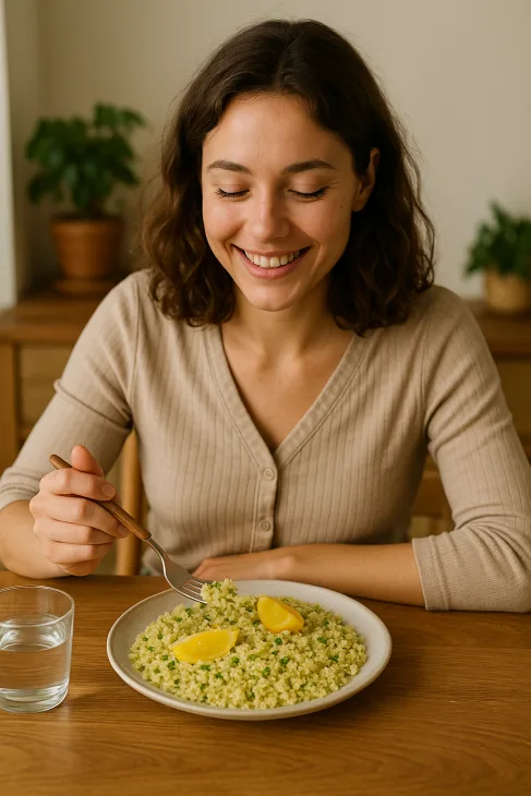 Un moment de bonheur simple : savourer un délicieux plat de fonio aux citrons confits, dans une ambiance chaleureuse et saine.