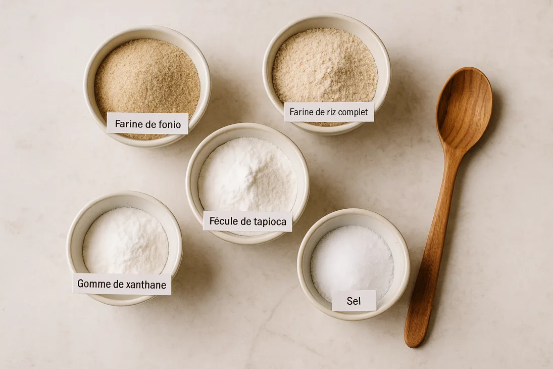Cinq bols &eacute;tiquet&eacute;s contenant les ingr&eacute;dients secs pour pain au fonio vus de dessus.