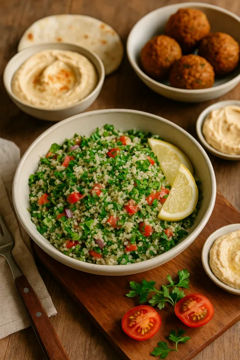 Table en bois avec un bol de taboulé de fonio, entouré de falafels, houmous, pain plat et rondelles de citron dans une ambiance de repas méditerranéen