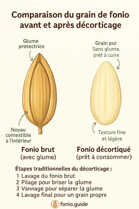 Grain de fonio africain avant et apr&egrave;s d&eacute;corticage &mdash; comparaison visuelle