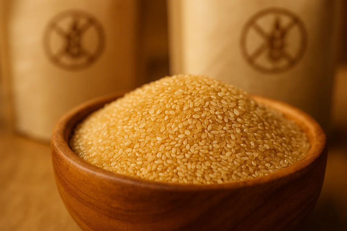 Grains de fonio doré dans un bol en bois avec labels de certification sans gluten en arrière-plan