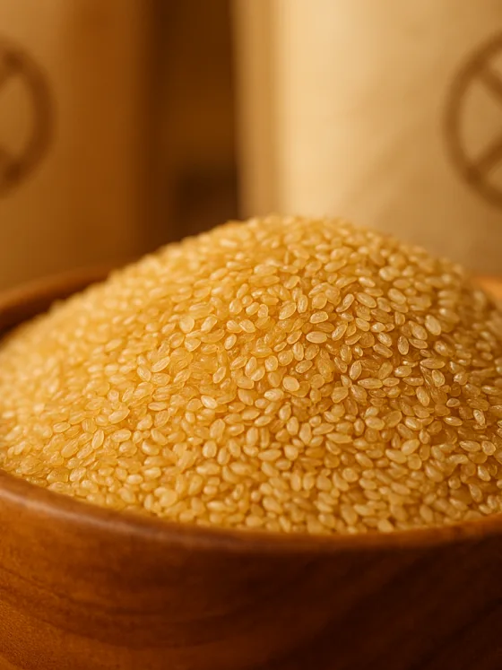Grains de fonio doré dans un bol en bois avec labels de certification sans gluten en arrière-plan