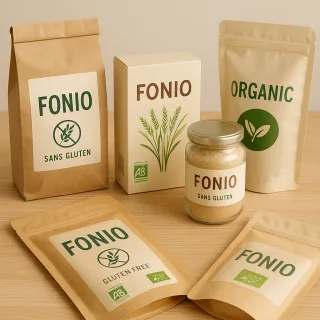 Sélection d'emballages de fonio certifié sans gluten de marques françaises et africaines
