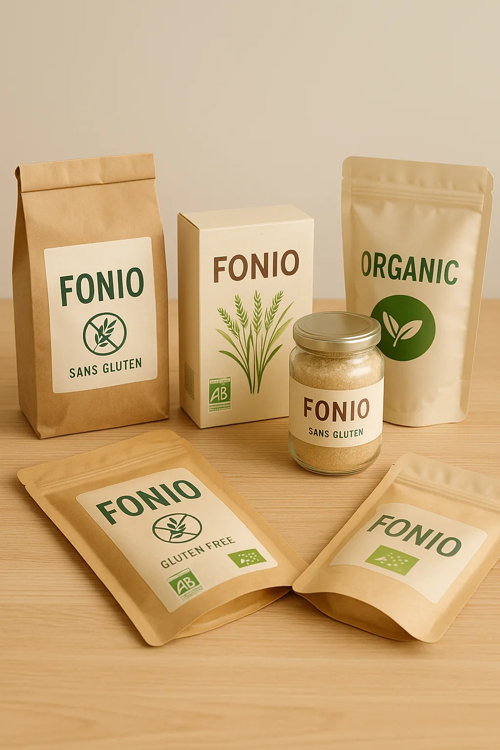 Sélection d'emballages de fonio certifié sans gluten de marques françaises et africaines