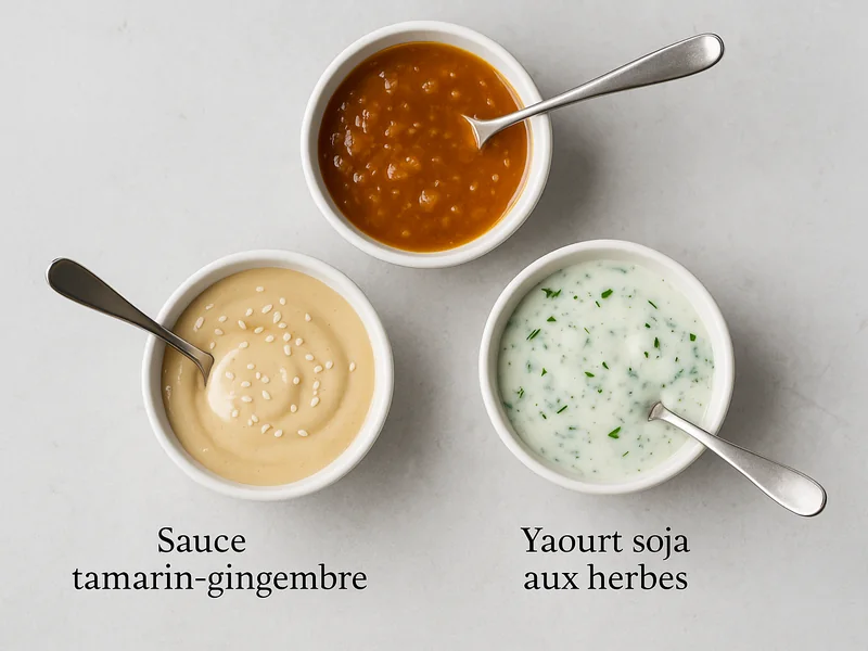 Trois sauces pour bowls de fonio dans des petits bols blancs>
                    </div>
                    <p class=