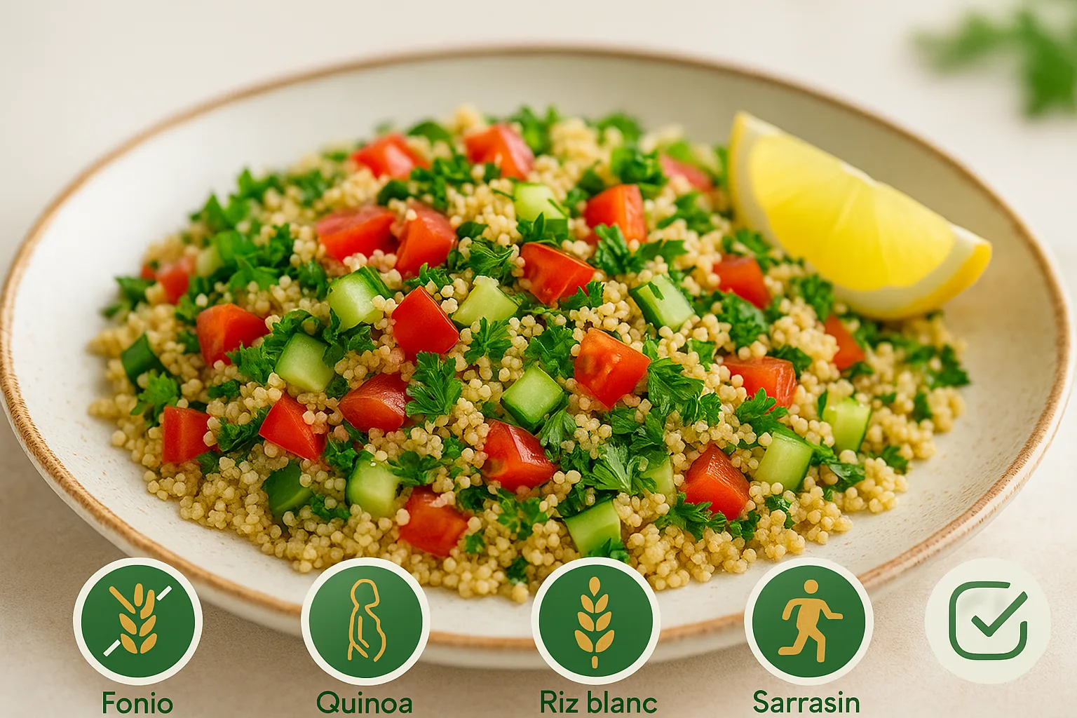 Taboul&eacute; de fonio sans gluten avec tomates, concombre et persil frais