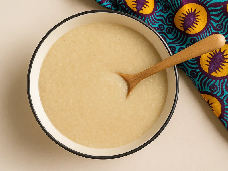 Bouillie de fonio traditionnelle nig&eacute;riane servie dans un bol &eacute;maill&eacute;
