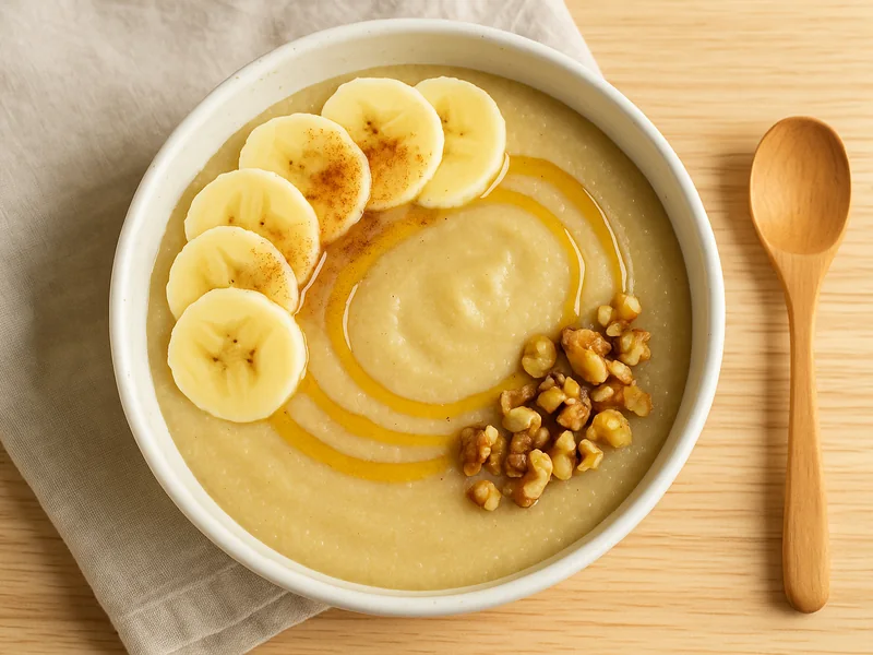 Bowl de fonio au petit-d&eacute;jeuner avec rondelles de banane fra&icirc;ches, cannelle saupoudr&eacute;e, sirop d'&eacute;rable en filet et noix concass&eacute;es