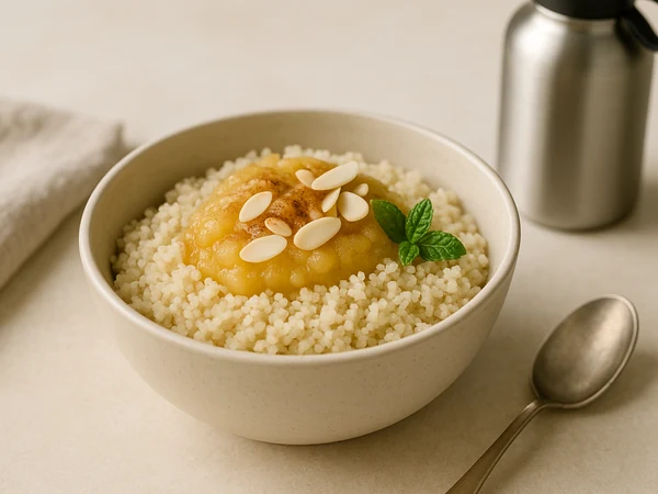 Fonio express avec compote et amandes avant sortie sportive
