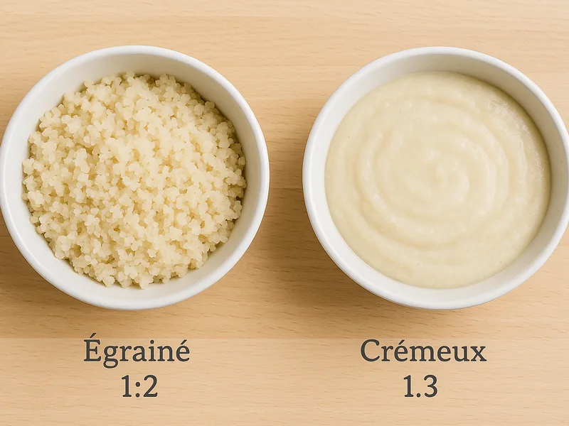 Comparaison de deux textures de fonio cuit : bol &eacute;grain&eacute; avec ratio 1:2 &agrave; gauche, bol cr&eacute;meux avec ratio 1:3 &agrave; droite, vue du dessus sur table en bois