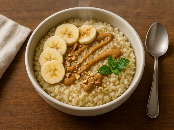 Porridge de fonio aux bananes et amandes pour petit-d&eacute;jeuner sportif