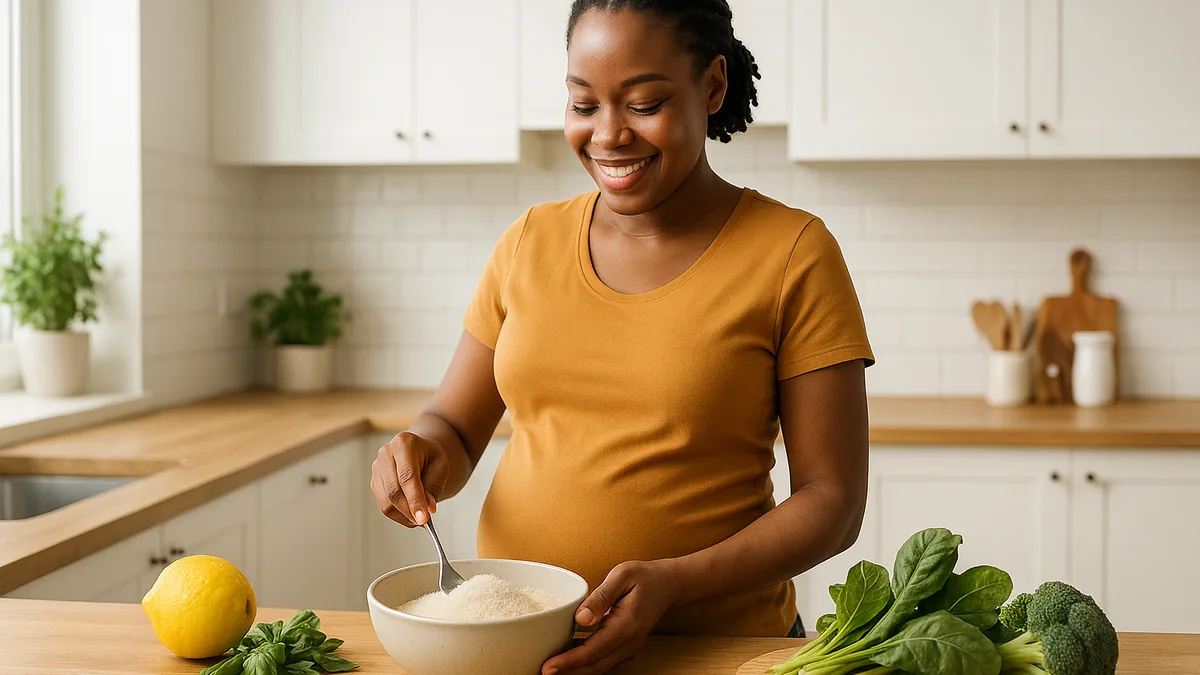 Femme enceinte préparant un repas sain avec du fonio