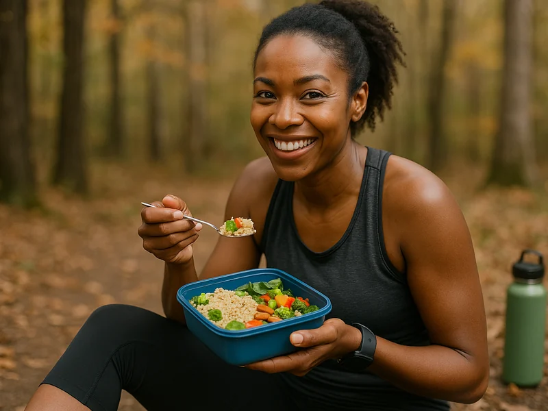 Sportive mangeant une salade de fonio apr&egrave;s son entra&icirc;nement trail