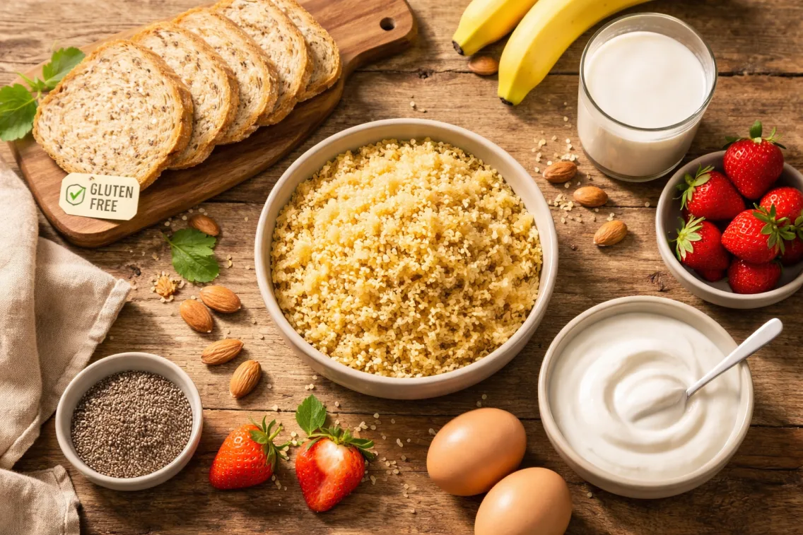 Assortiment d'aliments sans gluten sur table en bois
