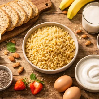 Assortiment d'aliments sans gluten sur table en bois