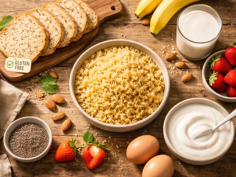 Assortiment d'aliments sans gluten sur table en bois