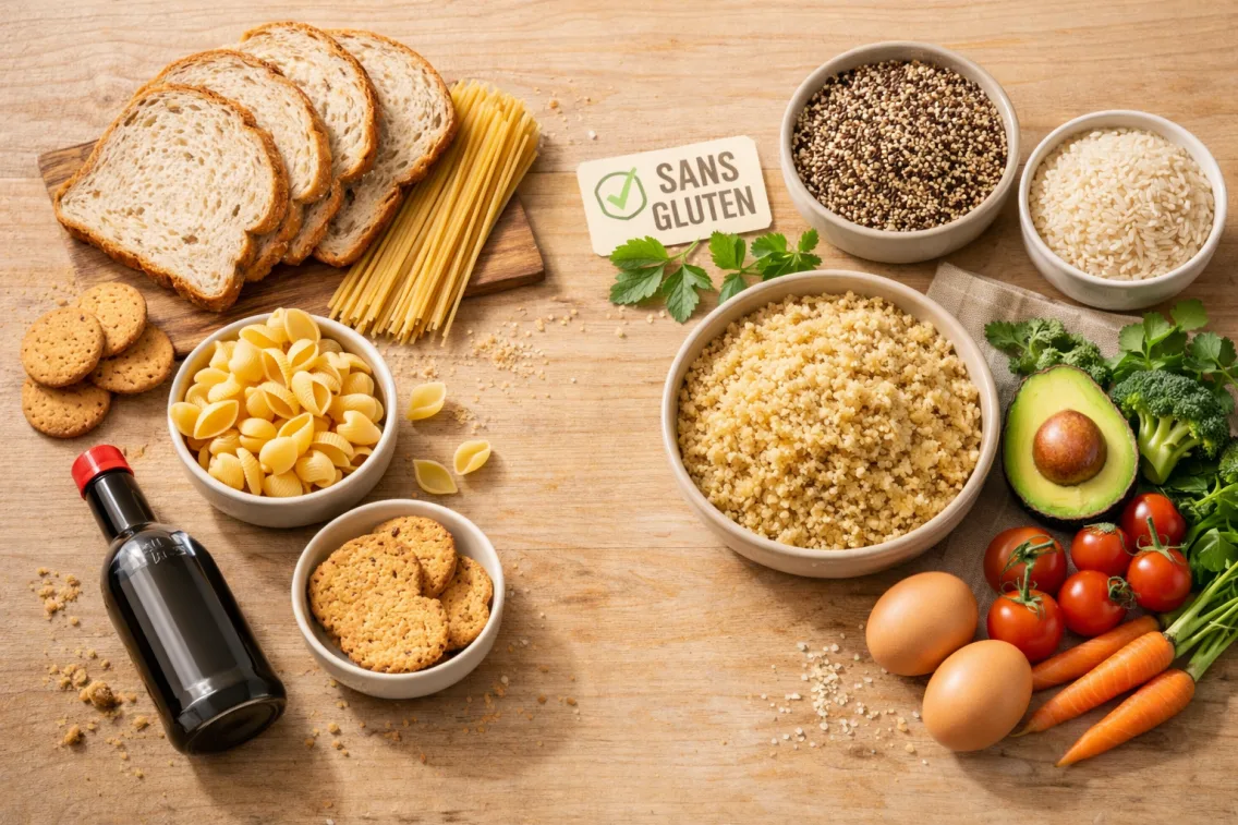 Comparaison visuelle aliments avec et sans gluten : pain, pâtes, céréales alternatives certifiées