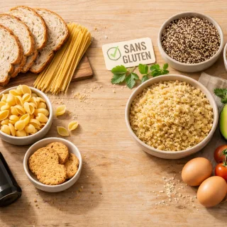 Comparaison visuelle aliments avec et sans gluten : pain, pâtes, céréales alternatives certifiées