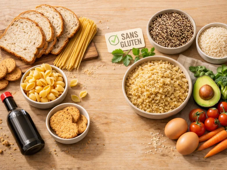Comparaison visuelle aliments avec et sans gluten : pain, pâtes, céréales alternatives certifiées