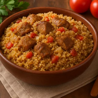 Recette de fonio au gras traditionnel africain, plat préparé avec du poulet, sauce tomate et légumes