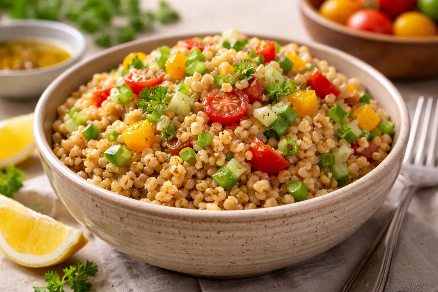 Bol de grains de sorgho cuits &agrave; la perfection servis avec l&eacute;gumes frais color&eacute;s pr&ecirc;ts &agrave; d&eacute;guster