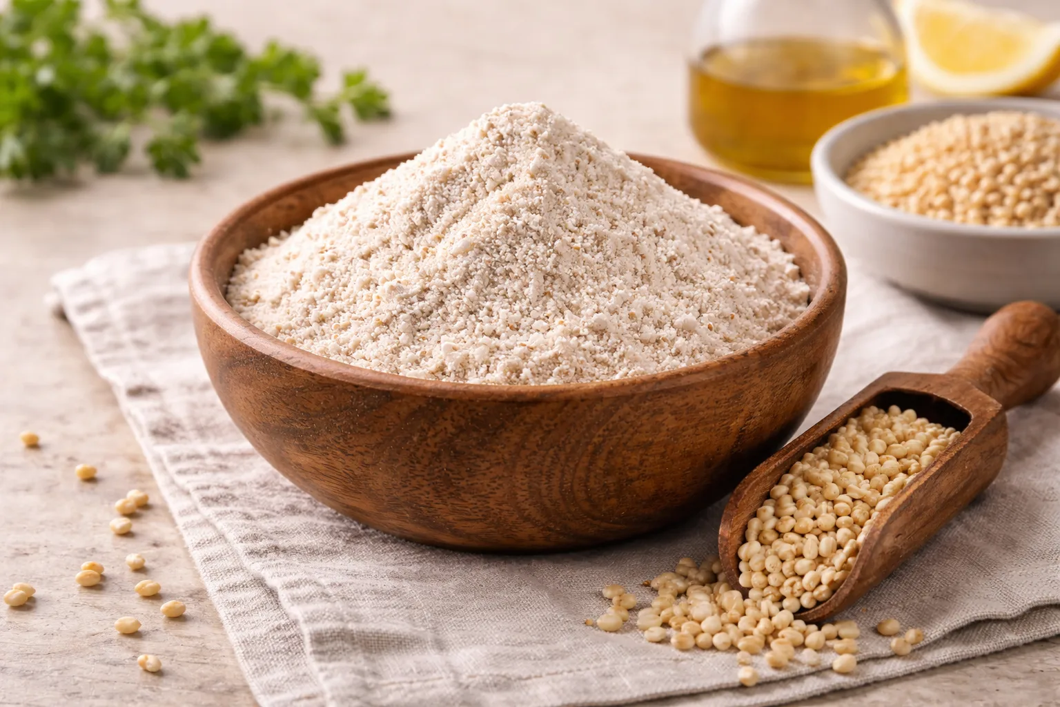 Farine de sorgho bio dans un bol avec grains de sorgho d&eacute;cortiqu&eacute;s