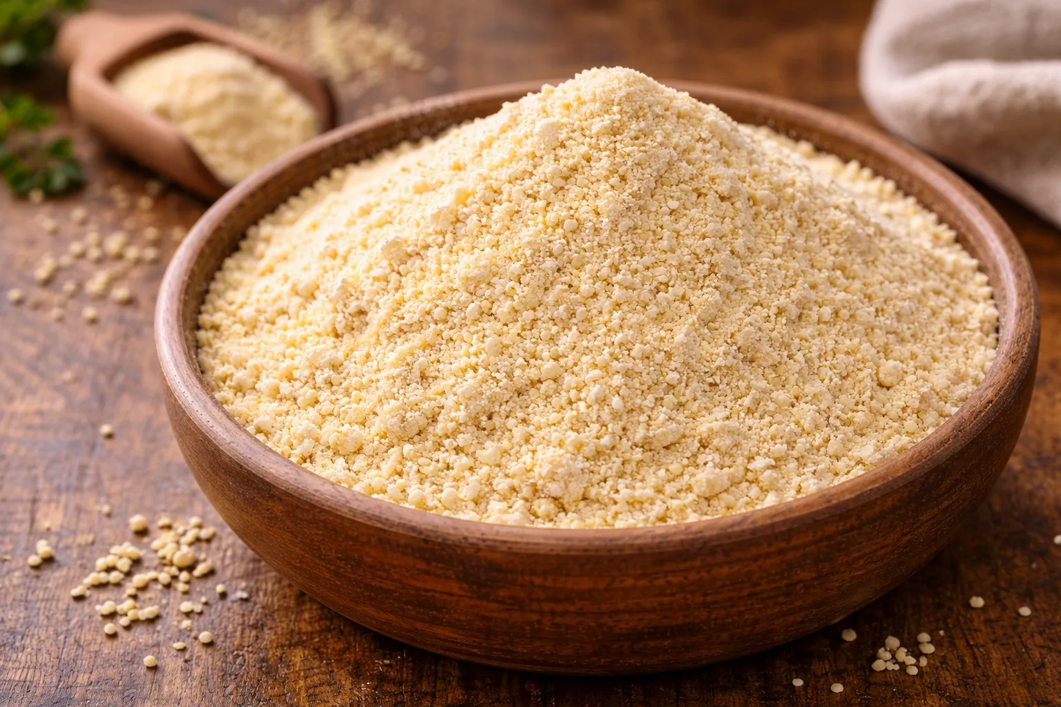 Farine de millet sans gluten dans un bol en bois