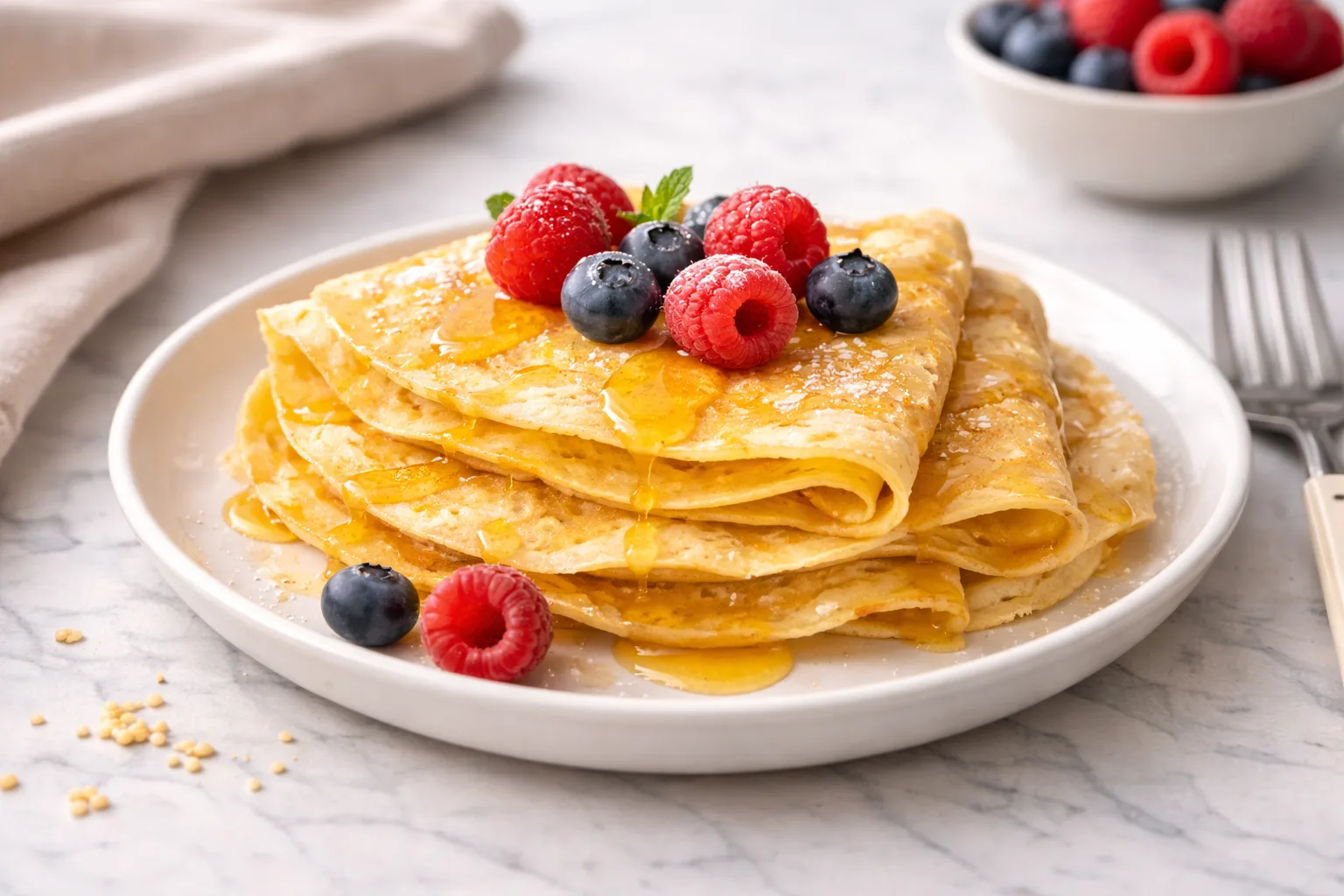 Cr&ecirc;pes l&eacute;g&egrave;res au millet jaune sans gluten empil&eacute;es avec fruits rouges et miel sur assiette blanche