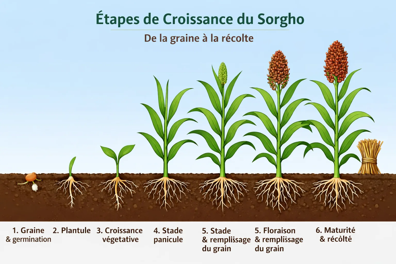 Sch&eacute;ma illustrant les 6 &eacute;tapes de croissance du sorgho de la graine &agrave; la r&eacute;colte