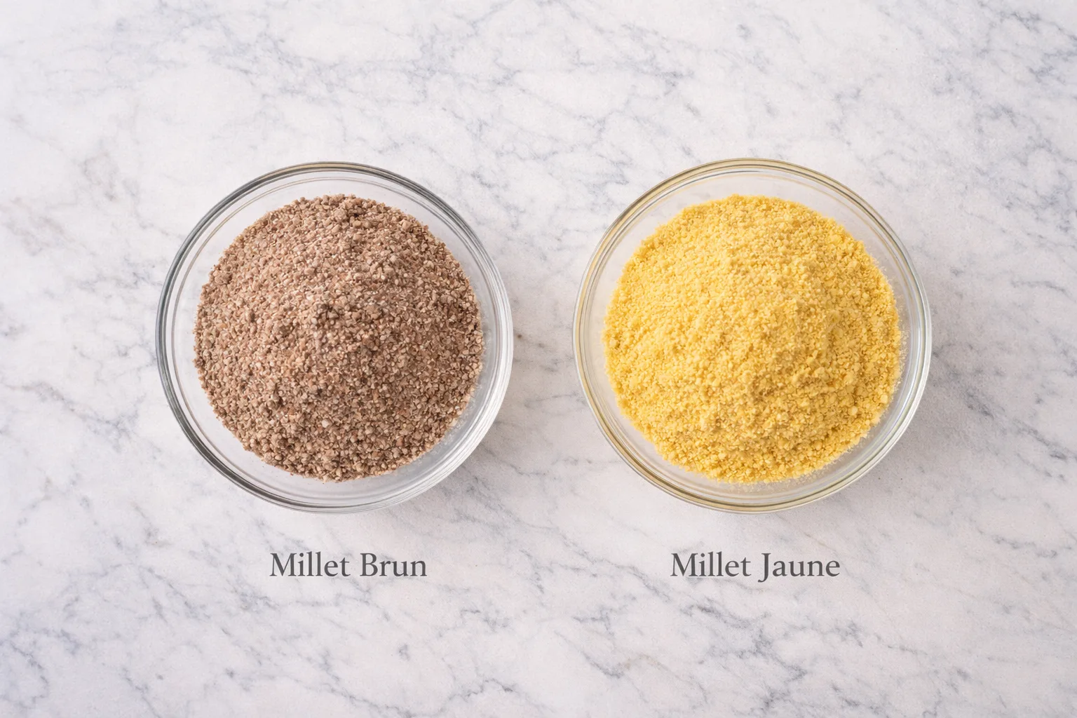 Comparaison visuelle farine de millet brun et farine de millet jaune dans des bols en verre, montrant les diff&eacute;rences de couleur et de texture