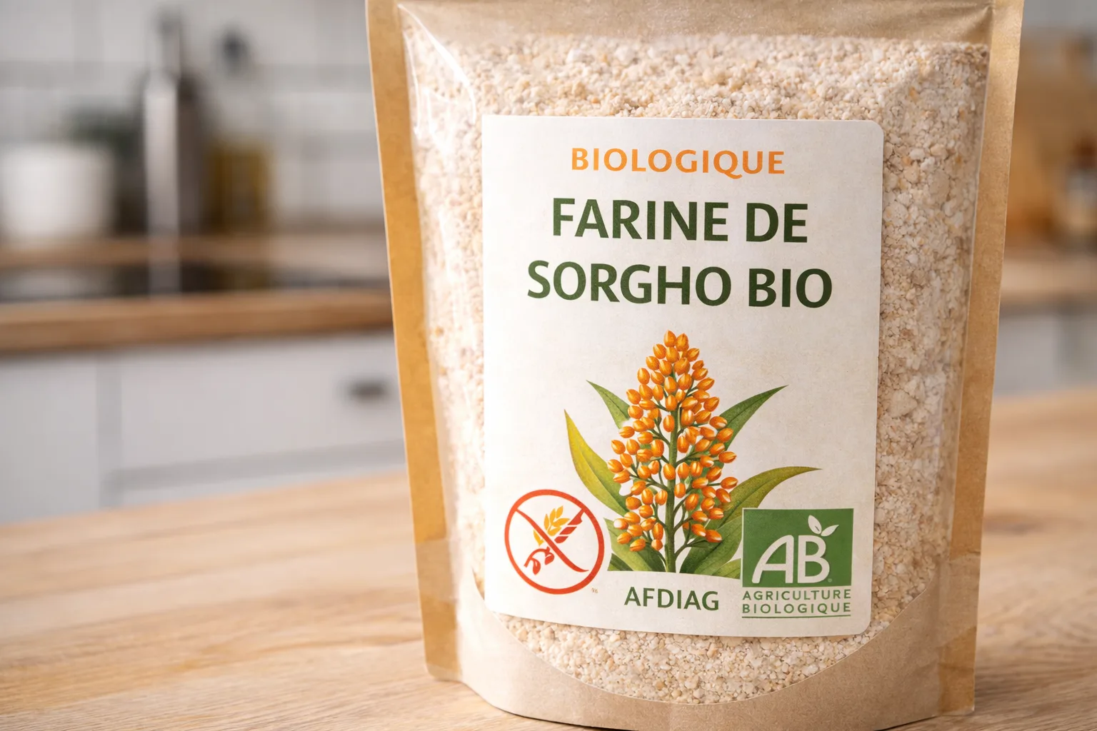 Exemple d'&eacute;tiquette de farine de sorgho bio certifi&eacute;e sans gluten avec logos AFDIAG et AB