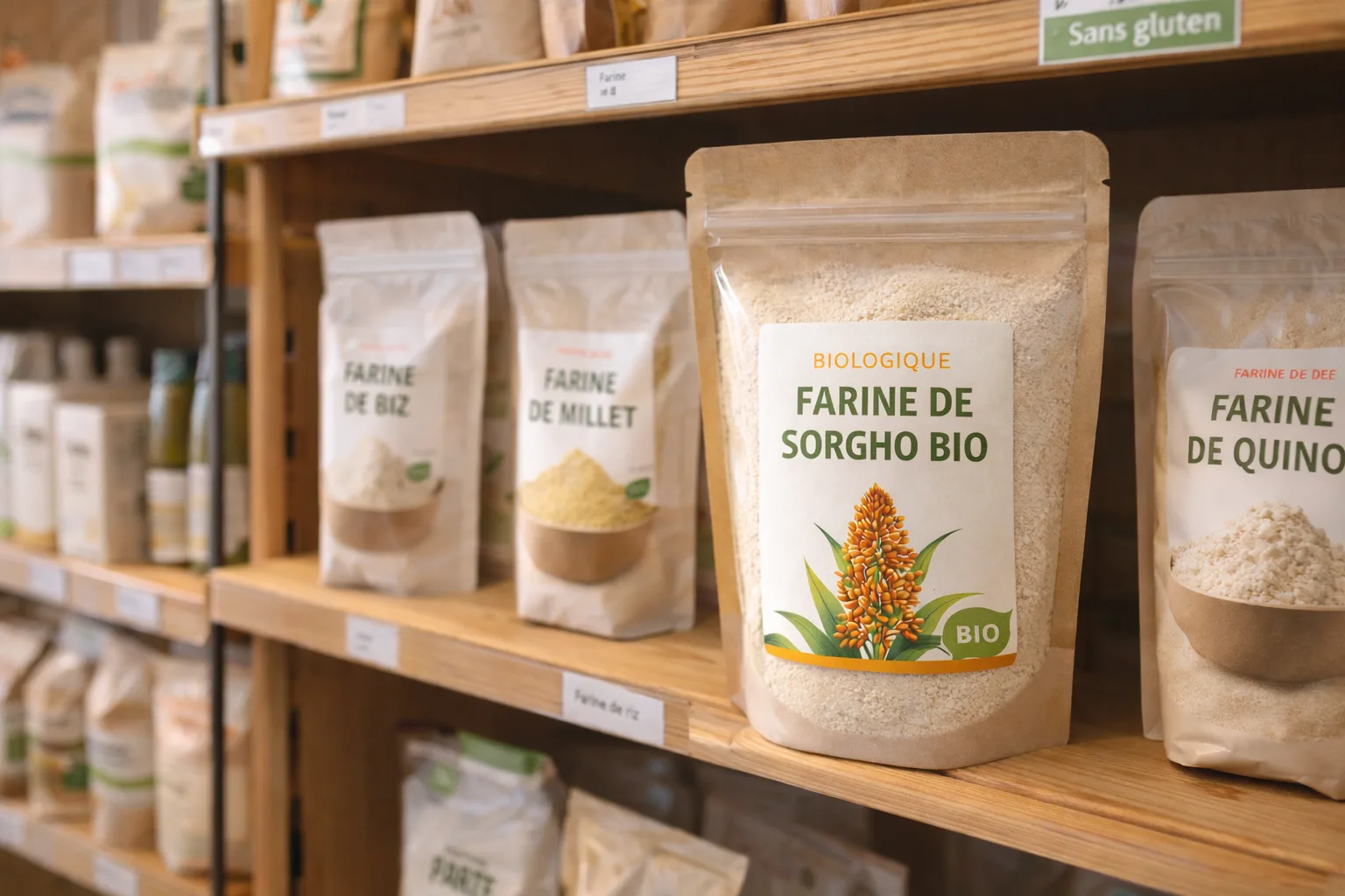 Rayon farines sans gluten avec farine de sorgho bio en magasin Biocoop
