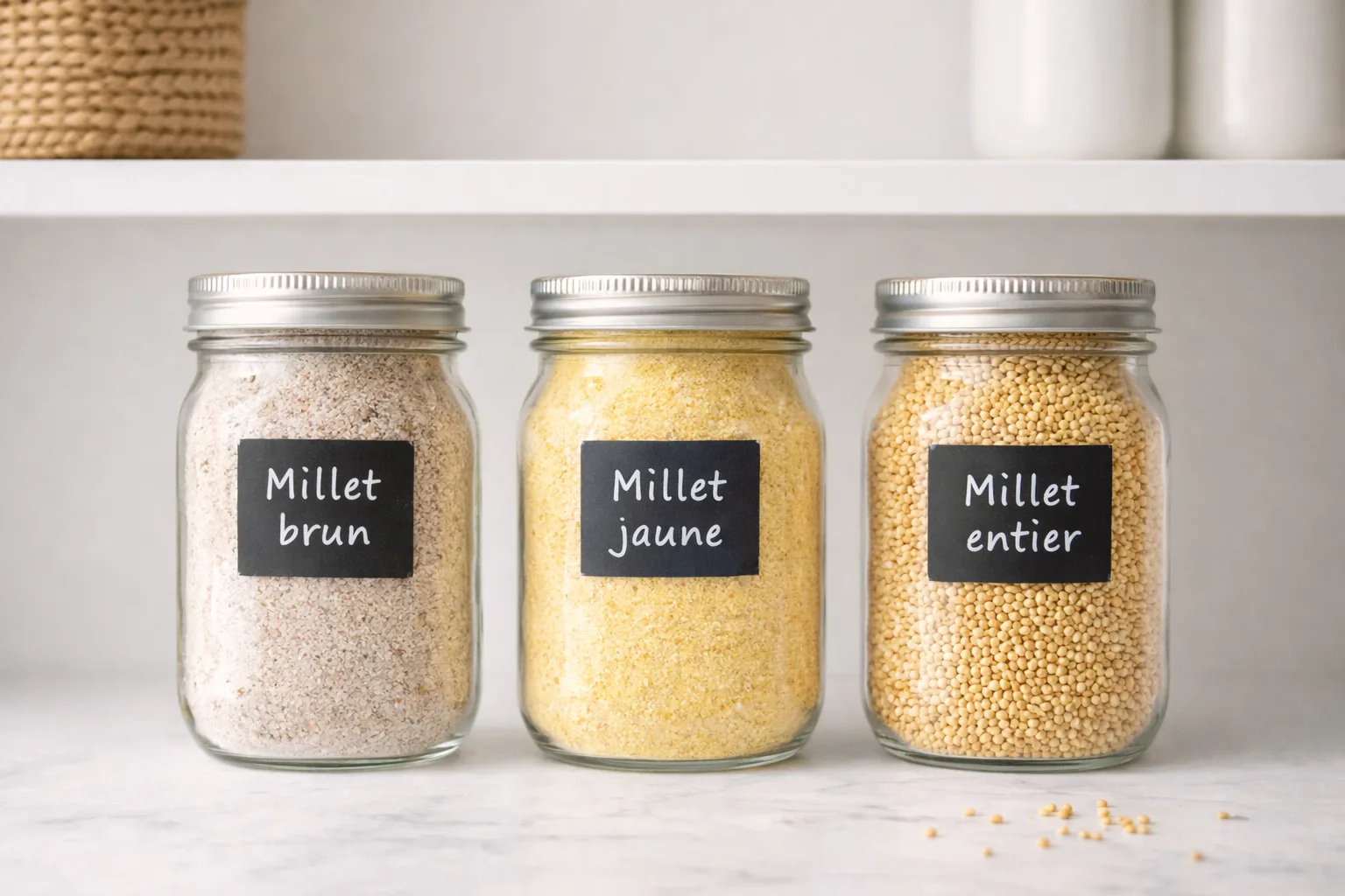 Conservation optimale de la farine de millet dans des bocaux en verre herm&eacute;tiques &eacute;tiquet&eacute;s, millet brun et millet jaune
