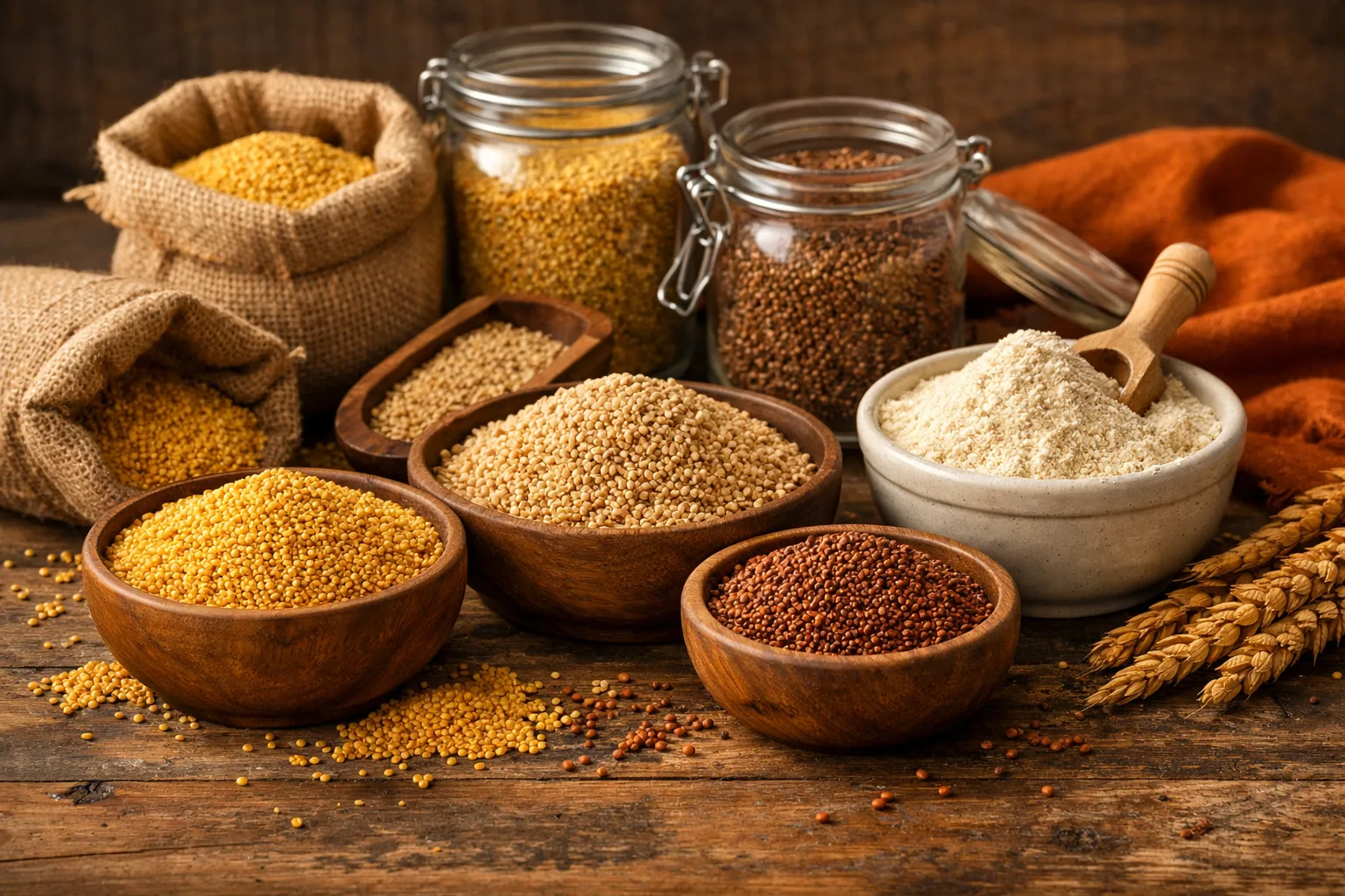 Mélange de millets sur table rustique