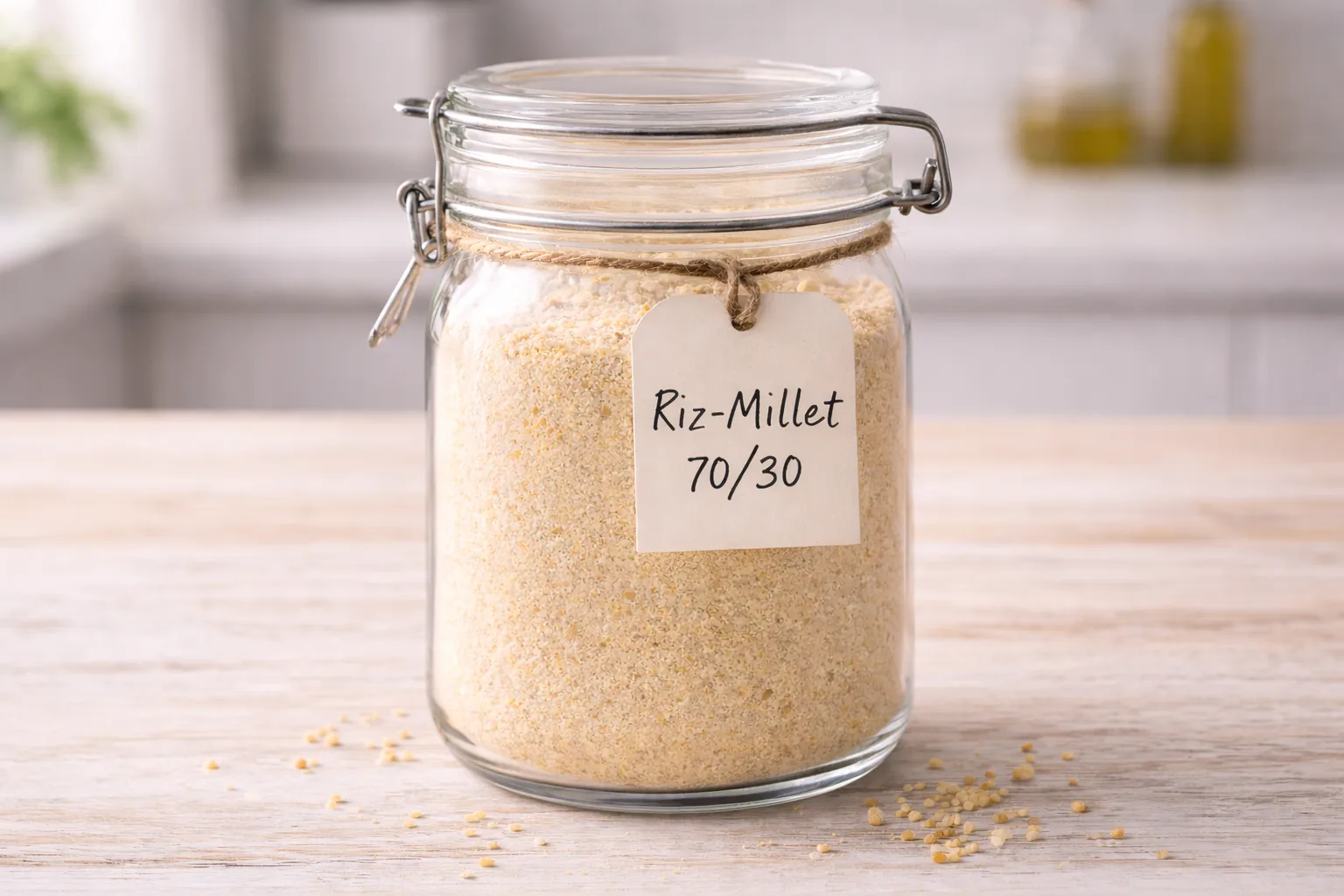 Bocal en verre herm&eacute;tique rempli de m&eacute;lange farine riz et millet beige p&acirc;le avec &eacute;tiquette manuscrite