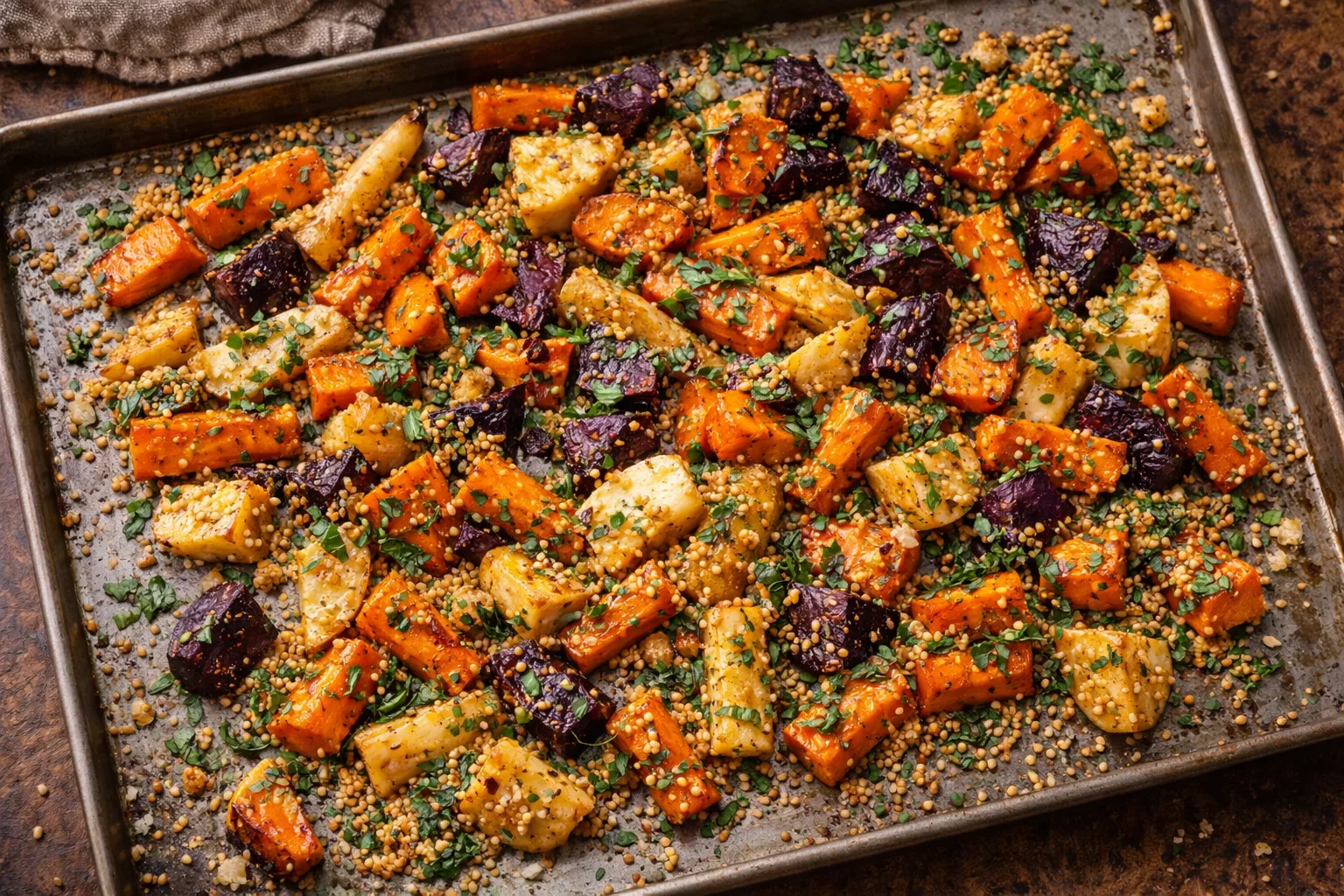 Millet r&ocirc;ti au four avec l&eacute;gumes racines