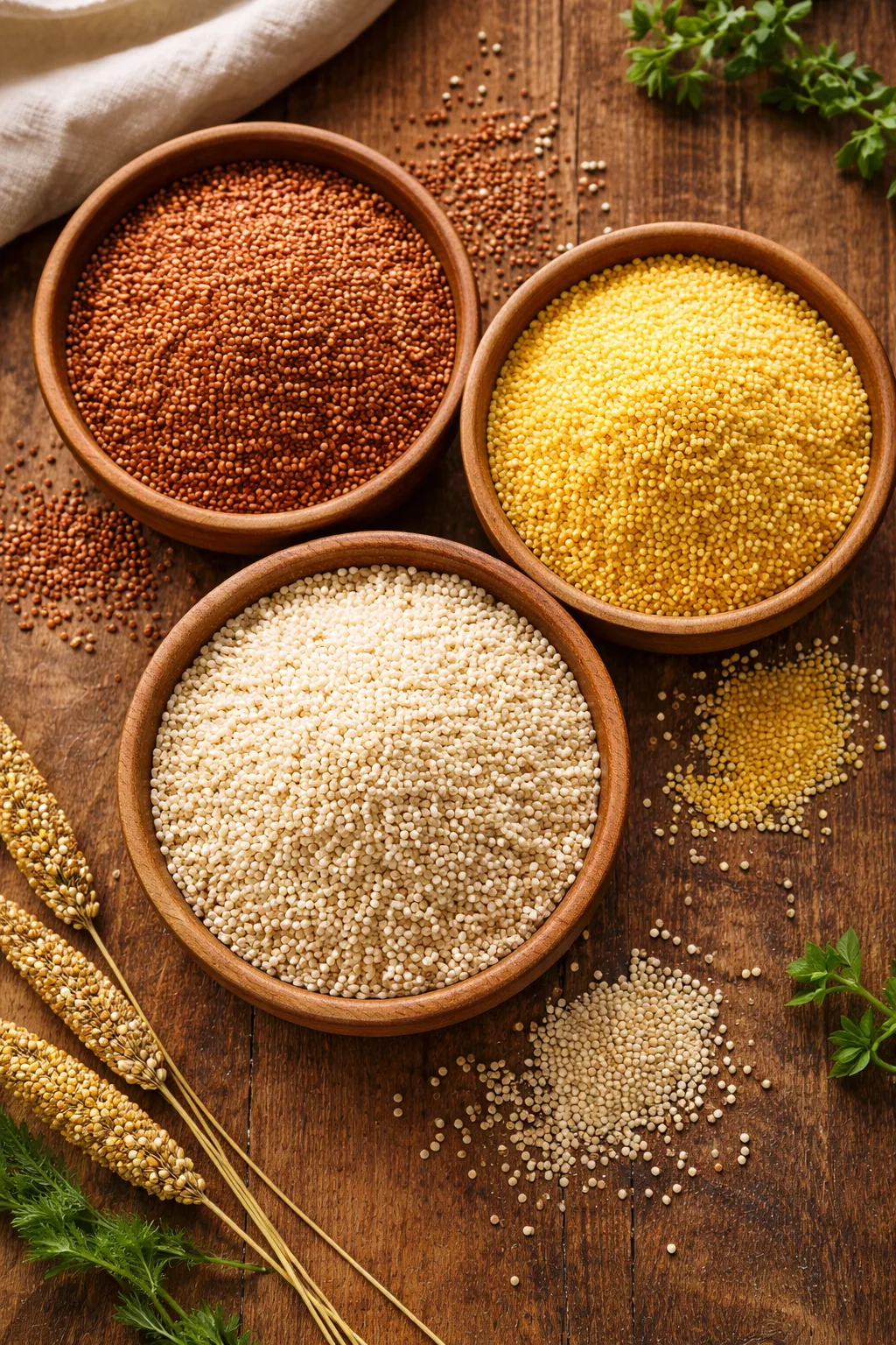 Grains de millet brun, jaune et perle dans des bols en bois