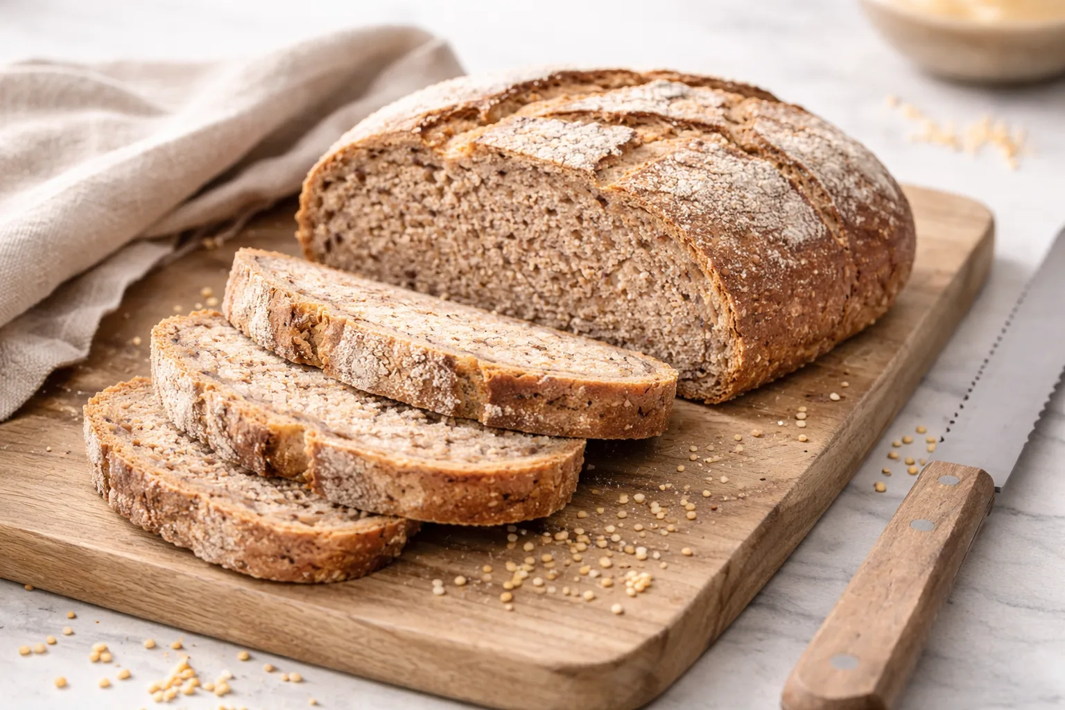 Pain sans gluten au millet brun fait maison tranch&eacute;, montrant la mie dense et rustique sur une planche en bois