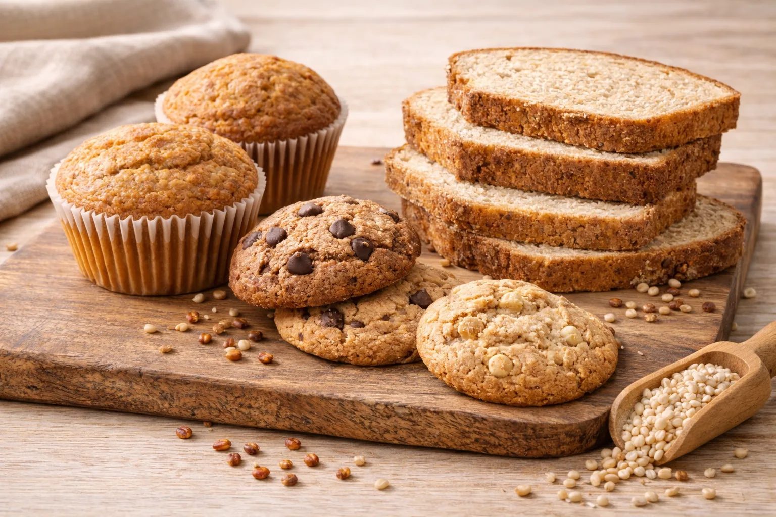 Assortiment vari&eacute; de p&acirc;tisseries sans gluten sur planche en bois rustique : muffins moelleux, cookies aux p&eacute;pites de chocolat, tranches de pain maison, illustrant la polyvalence culinaire de la farine de sorgho