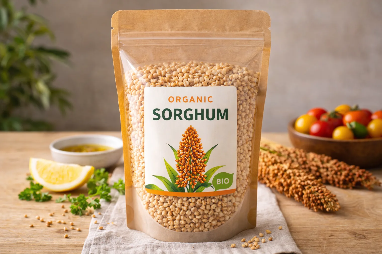 Sachet de grains de sorgho bio d&eacute;cortiqu&eacute;s avec ingr&eacute;dients de cuisine saine dispos&eacute;s &eacute;l&eacute;gamment