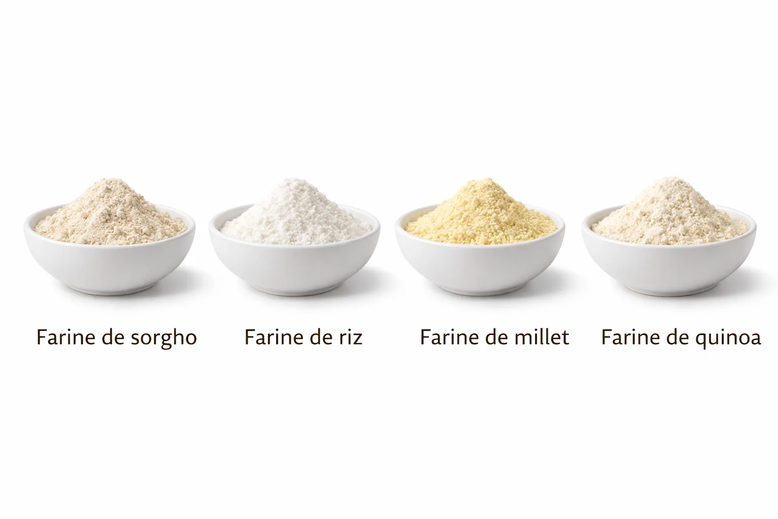 Comparatif visuel des farines sans gluten : sorgho, riz, millet et quinoa