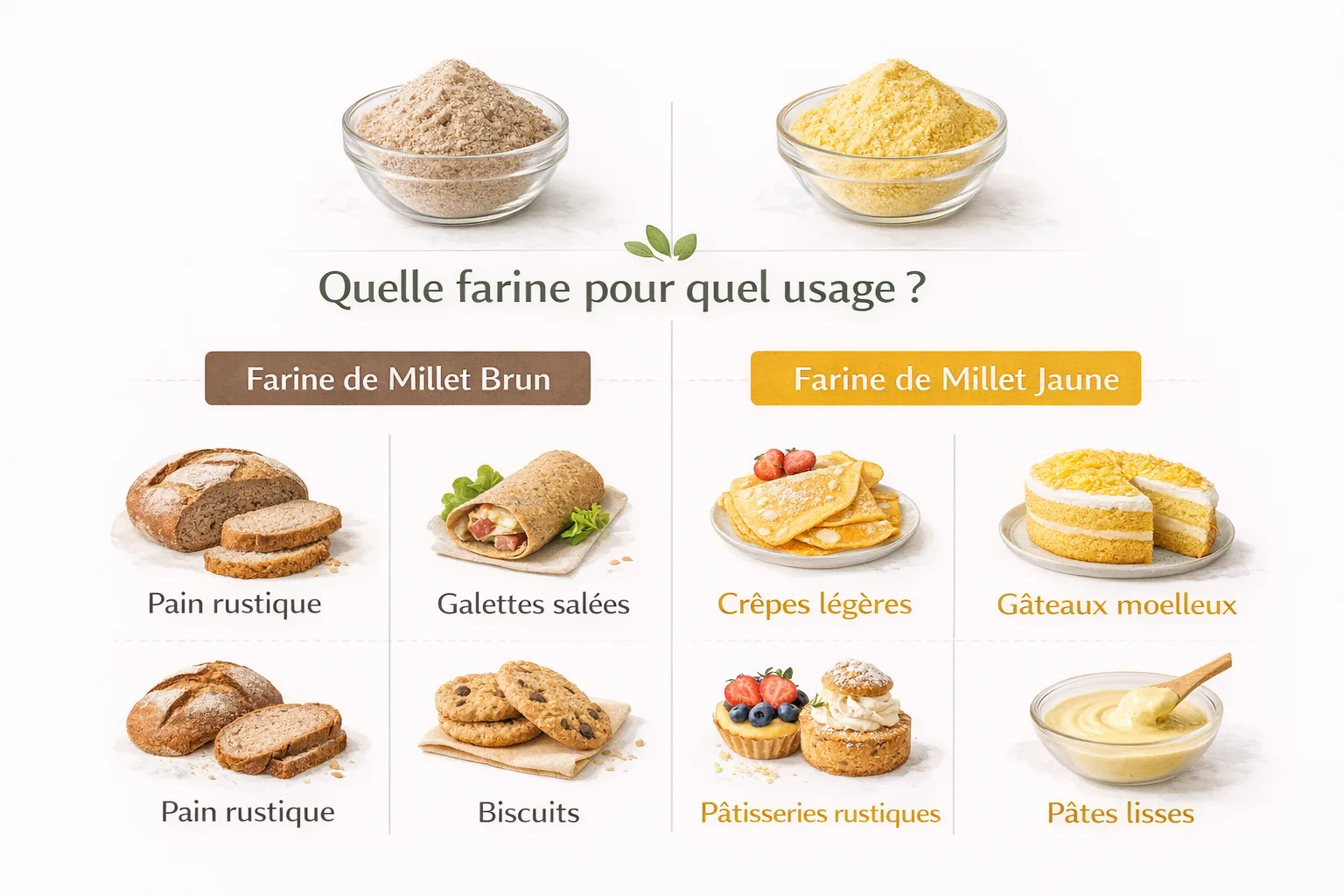 Infographie des utilisations culinaires farine de millet : brun pour pain rustique et galettes, jaune pour cr&ecirc;pes et p&acirc;tisseries l&eacute;g&egrave;res