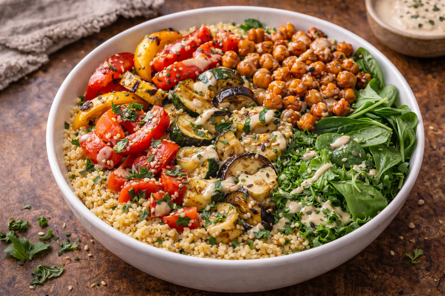 Salade bowl millet l&eacute;gumes grill&eacute;s sauce tahini