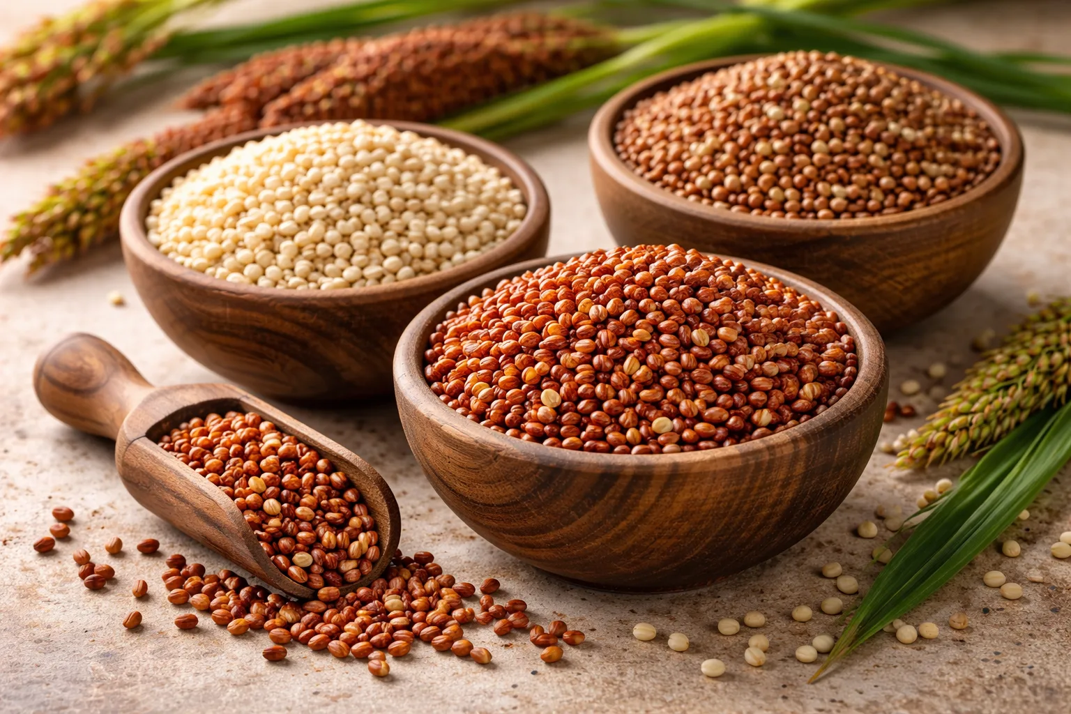Diff&eacute;rentes vari&eacute;t&eacute;s de grains de sorgho rouge blanc et brun dans des bols en bois sur fond neutre