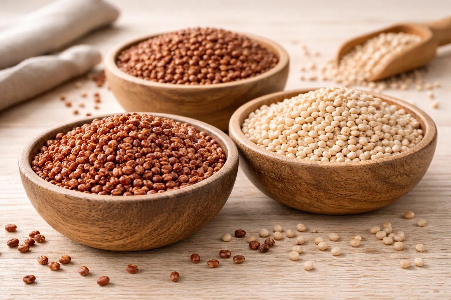 Trois bols en bois rustique contenant diff&eacute;rentes vari&eacute;t&eacute;s de grains de sorgho : rouge fonc&eacute;, brun et blanc-cr&egrave;me, illustrant la diversit&eacute; des cultivars et leurs niveaux variables d'antioxydants