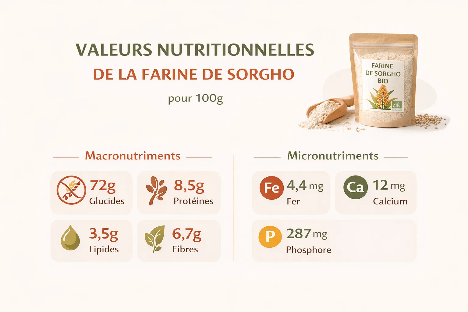 Infographie nutritionnelle de la farine de sorgho pr&eacute;sentant les macronutriments (72g glucides, 8,5g prot&eacute;ines, 3,5g lipides, 6,7g fibres) et les micronutriments cl&eacute;s (4,4mg fer, 1,2mg calcium, 287mg phosphore) pour 100g de produit