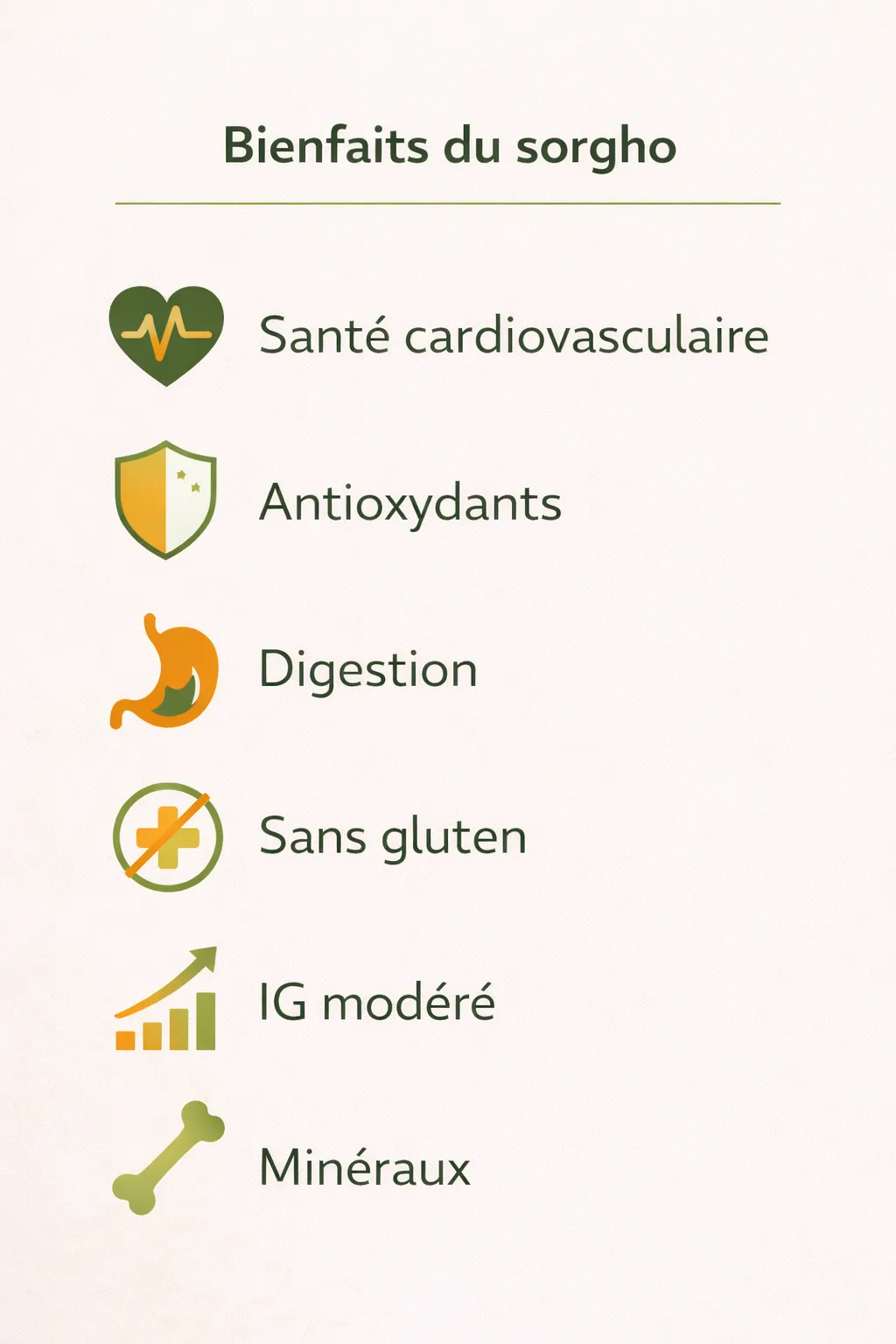 Infographie illustrant les bienfaits sant&eacute; du sorgho : antioxydants, sans gluten, r&eacute;gulation glyc&eacute;mie